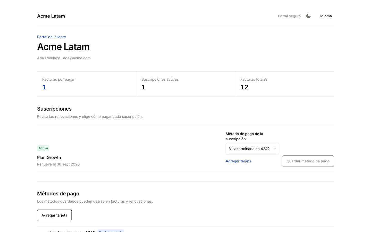 Portal del cliente de Pharos en modo claro